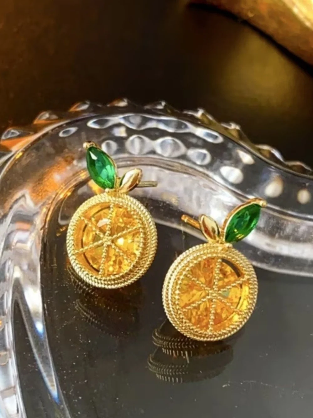 Gold-tone Lemon Citrus Slice Stud Earrings with Green Crystal Leaves